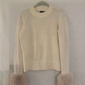 Saks Fifth Avenue Cream Sweater with Faux Fur Cuffs